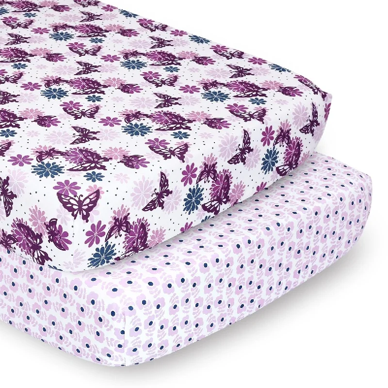 The Peanutshell Purple Butterfly & Ditsy Floral Purple/Blue Fitted Crib Sheet Set