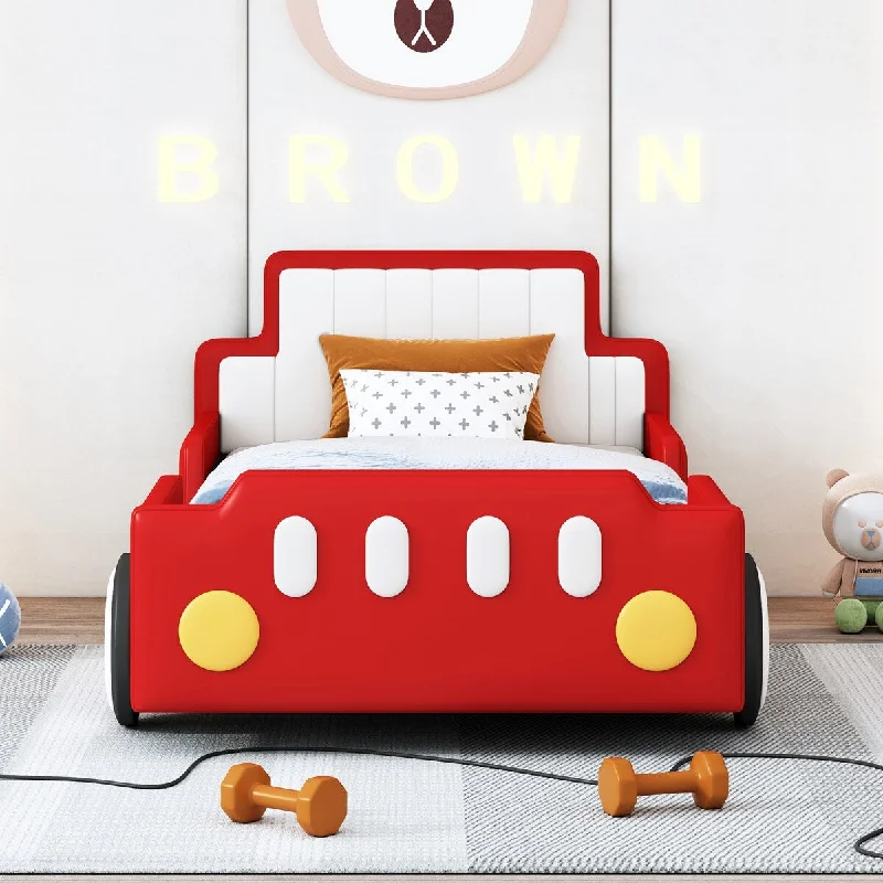 Twin Size Kids Car Bed Creativity Wood Platform Bed Frame Cool Red Race Car-Shaped Bed with Guardrail and Headboard for Child