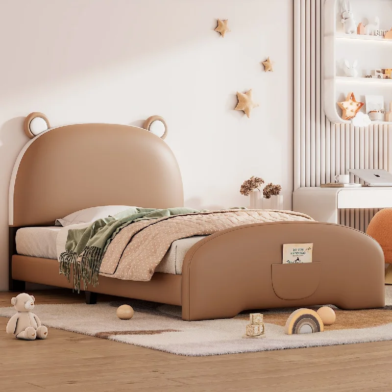 Twin Size PU Leather Upholstered Platform Bed with Bear-Shaped Headboard and Footboard,Suitable for Children and Teenagers,Brown