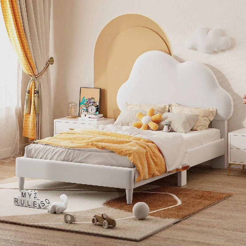 Twin Size Velvet Upholstered Cloud-Shape Headboard Platform Bed, Beige