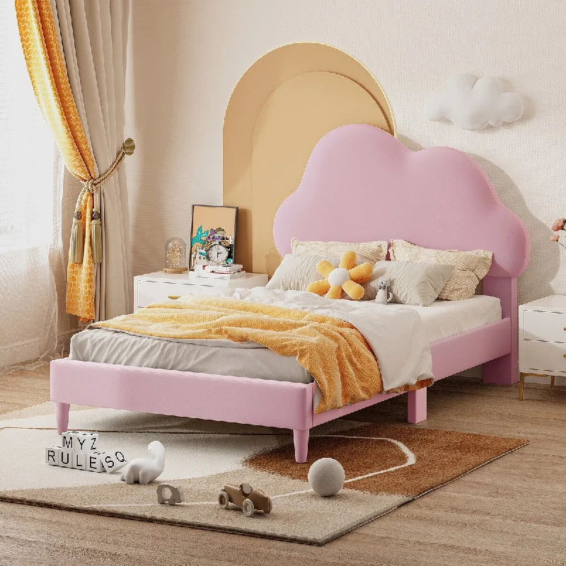 Twin Size Velvet Upholstered Cloud-Shape Headboard Platform Bed, Pink