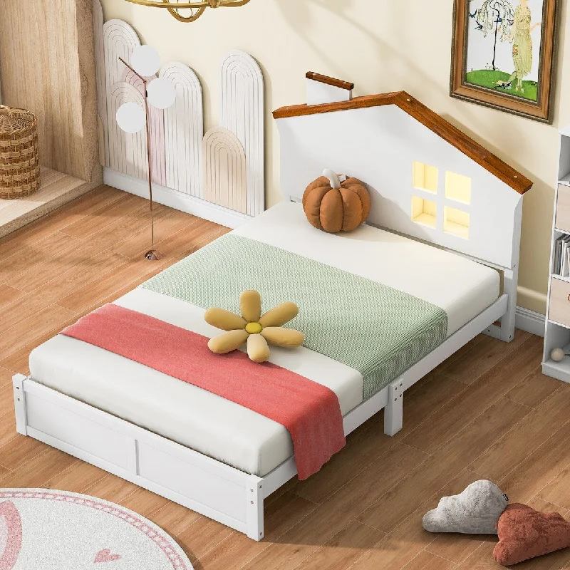 Twin Size Wood Platform Bed with House-Shaped Headboard and Built-in LED, Kids Twin Bed Frame, No Box Spring Needed, White