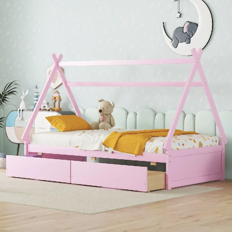 Twin Size Wooden House Bed Frame with 2 Drawers, Platform Bed with Headboard and Footboard with Roof for Kids, Teens, Pink