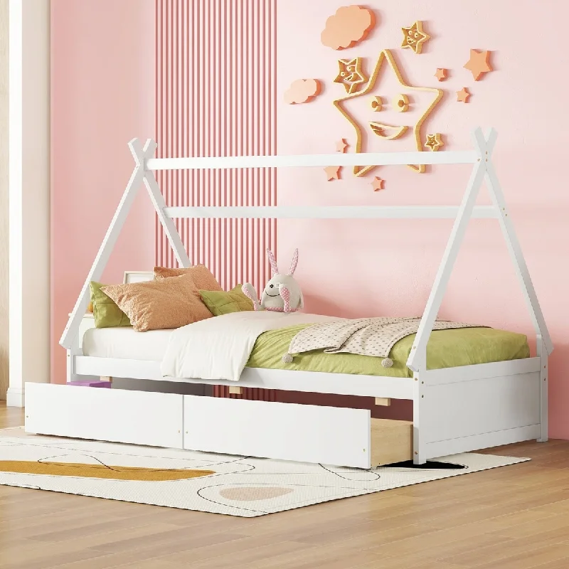 Twin Size Wooden House Bed Frame with 2 Drawers, Platform Bed with Headboard and Footboard with Roof for Kids, Teens, White