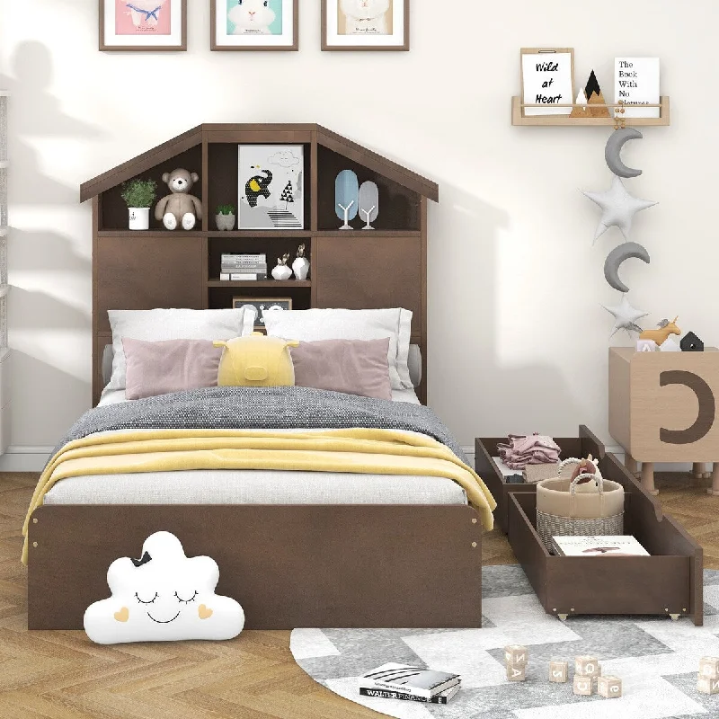 Twin Storage Platform Bed Teens Single Bed Twin or Full Bed Frame with High Headboard and 5 Storage Shelves, Under-bed 2 Drawers