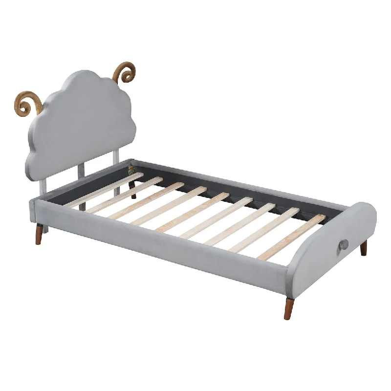 Upholstered Bed with Cute Shape Headboard Design Platform Bed for Toddler Kids Boys Girls Children Bed Wood Slat Support Bed