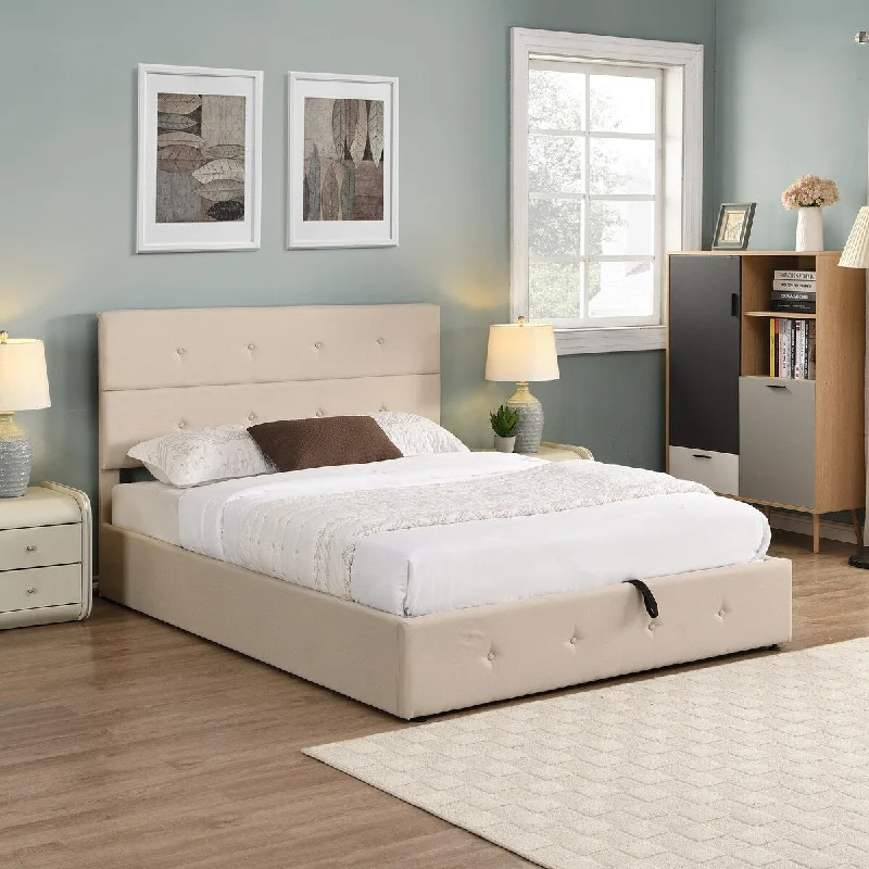 Upholstered Headboard Platform Bed w/ Lift up Storage, Queen Size Bed Frame with Hydraulic Storage, No Box Spring Needed, Beige