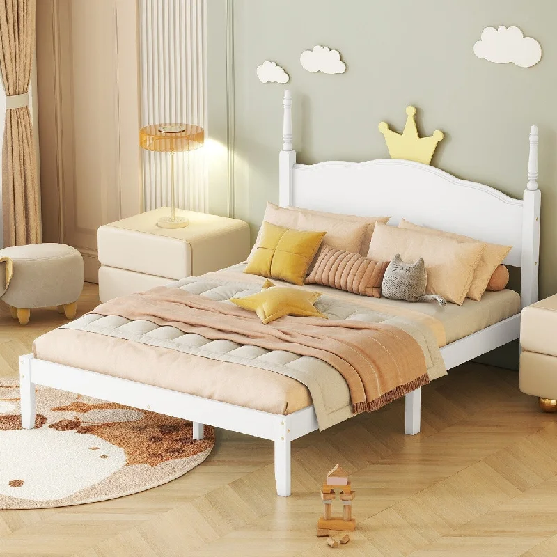 White Full SizeCharming Wood Platform Bed with Crown Shaped Headboard - Playful, Elegant Design