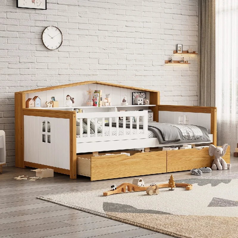 Wooden Daybed with Storage Shlef, Montessori Platform Bed Frame with Headboard and Guardrails