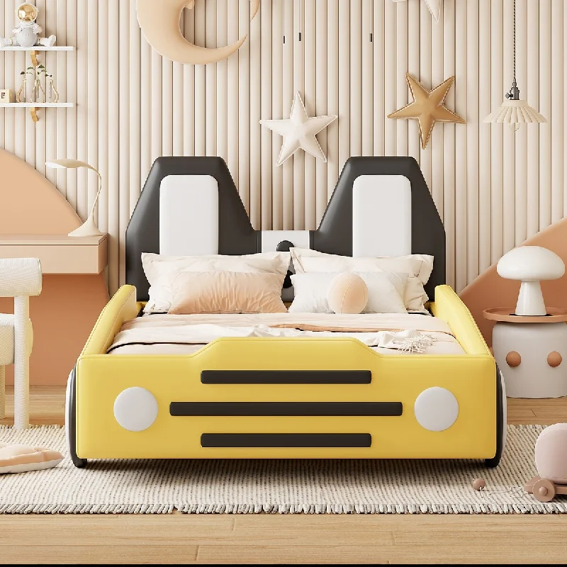 Yellow Twin Size Car-Shaped Platform Bed PU Leather & Wood Platform Bed Frame with Soft Backrest Headboard for Kids Bedroom