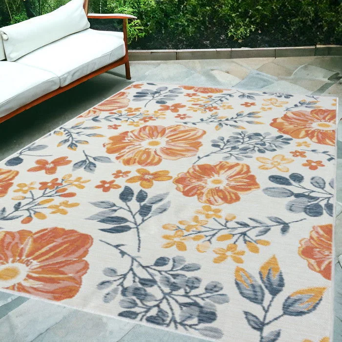 5' X 7' Floral Stain Resistant Indoor / Outdoor Area Rug - Ivory Orange / Blue