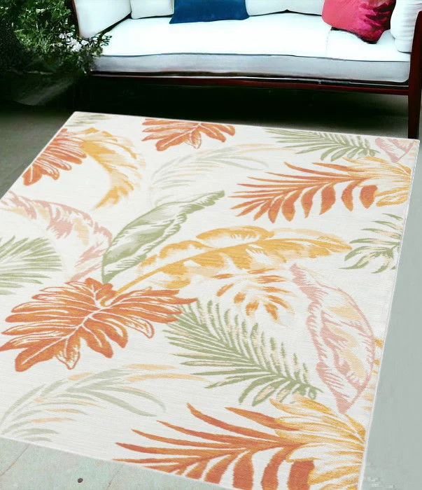 5' X 7' Palm Leaf Stain Resistant Indoor / Outdoor Area Rug - Ivory Green / Orange