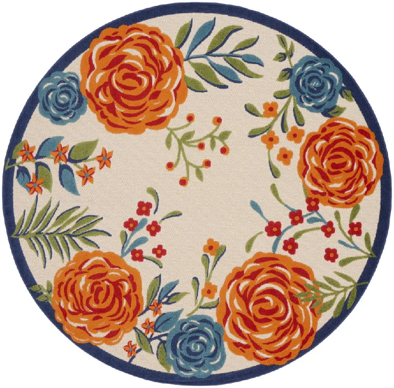 8' Round Floral Power Loom Area Rug - Blue / Orange