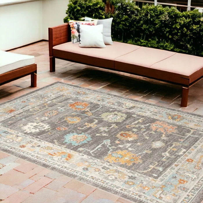 8' X 10' Floral Stain Resistant Indoor / Outdoor Area Rug - Gray / Orange