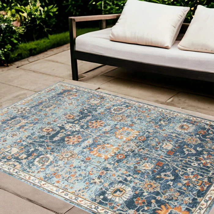 8' X 10' Floral Stain Resistant Outdoor & Indoor Area Rug - Blue / Orange