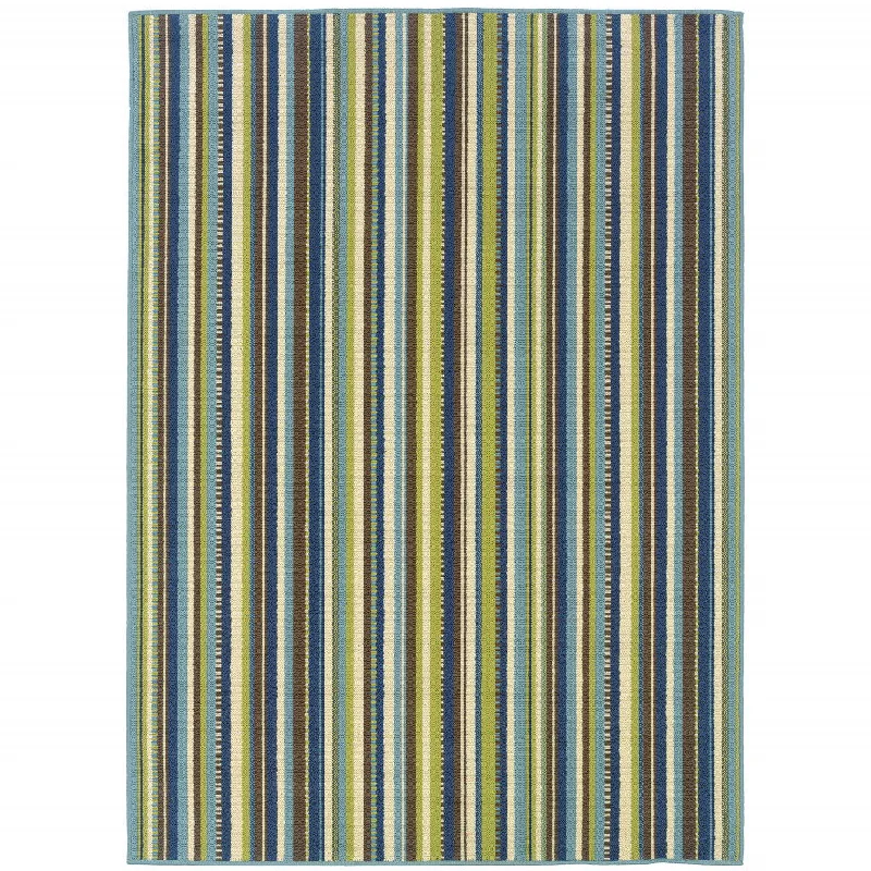 8' X 11' Striped Stain Resistant Indoor / Outdoor Area Rug - Blue / Green