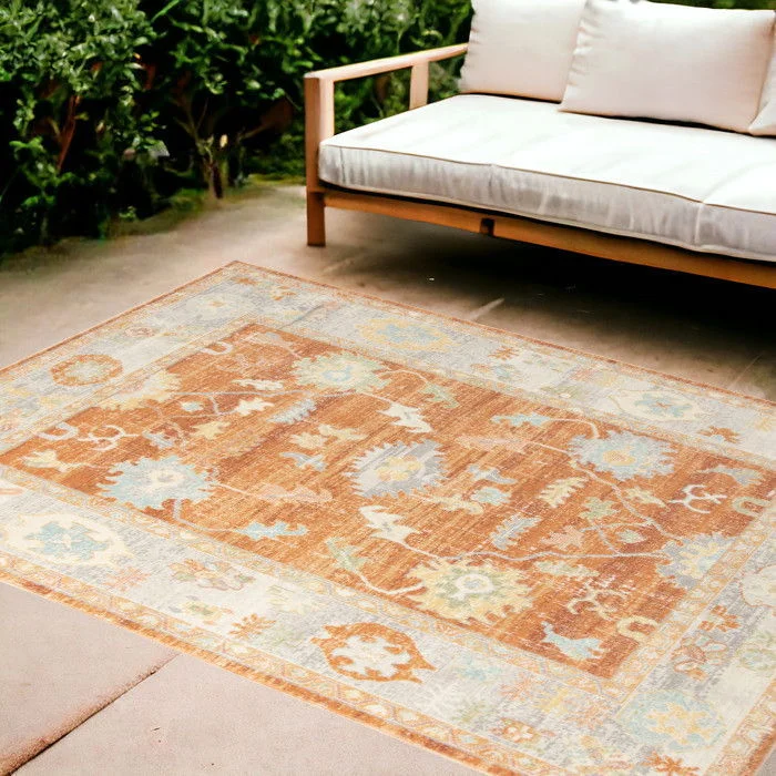 9' X 12' Floral Stain Resistant Indoor & Outdoor Area Rug - Blue / Orange