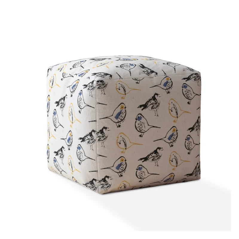 Canvas Birds Pouf Cover - Yellow / White