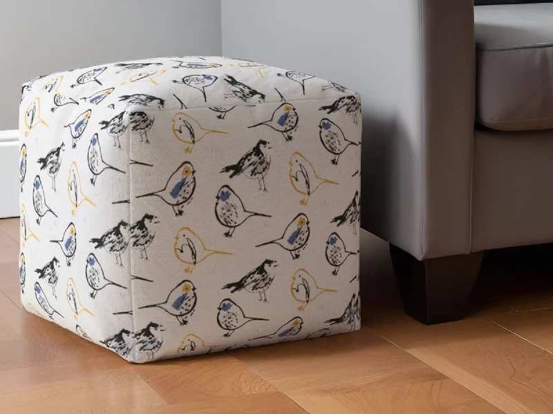 Canvas Birds Pouf Ottoman - Yellow / White