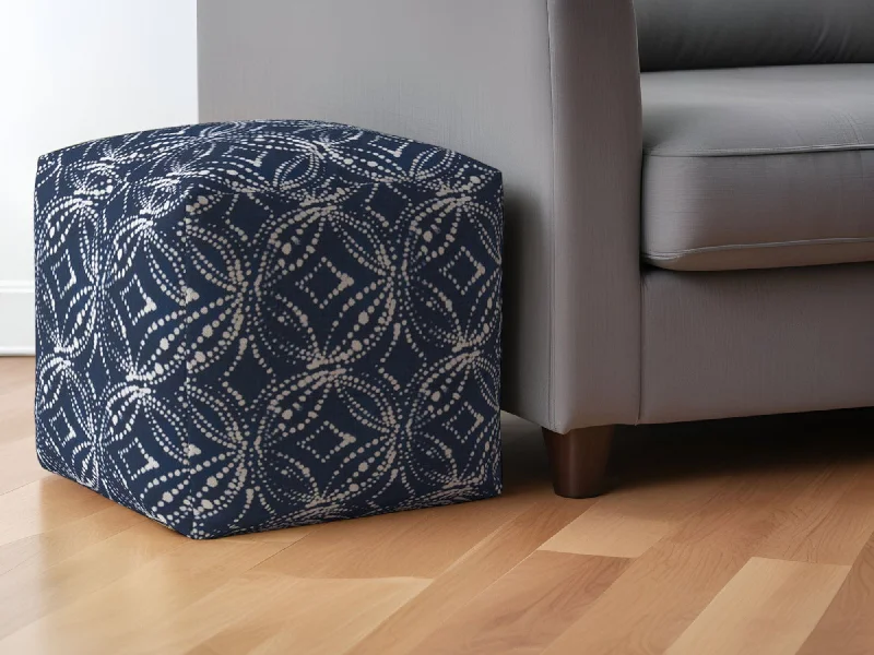 Canvas Damask Pouf Ottoman - Blue / White