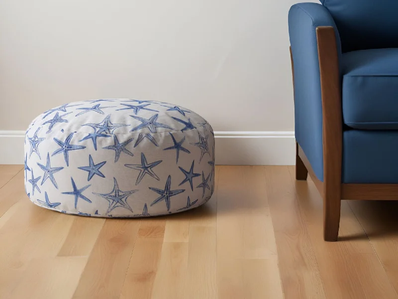 Canvas Round Abstract Pouf Ottoman - Blue / White