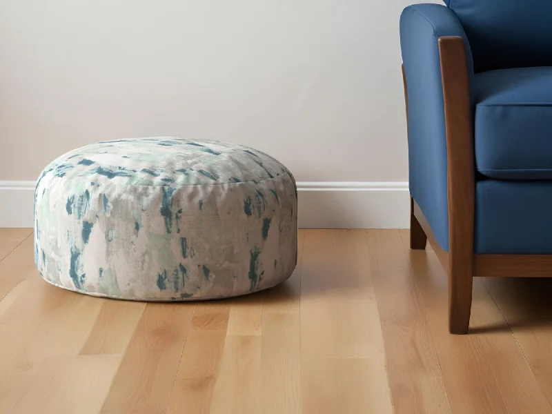 Canvas, Round Abstract Pouf Ottoman - Blue / White