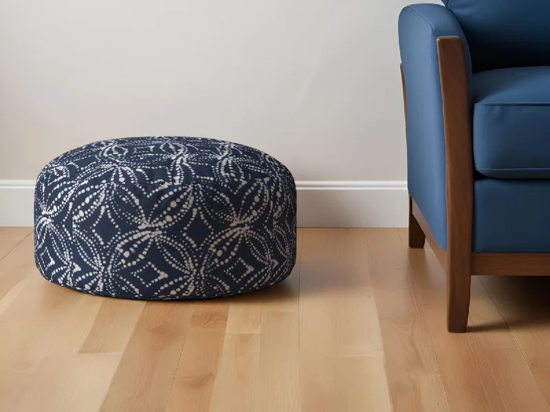 Canvas Round Damask Pouf Ottoman - Blue / White