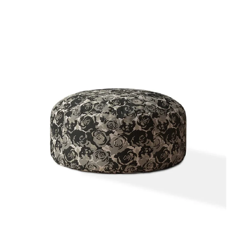 Canvas Round Floral Pouf Cover - Beige