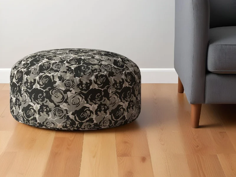 Canvas Round Floral Pouf Ottoman - Beige