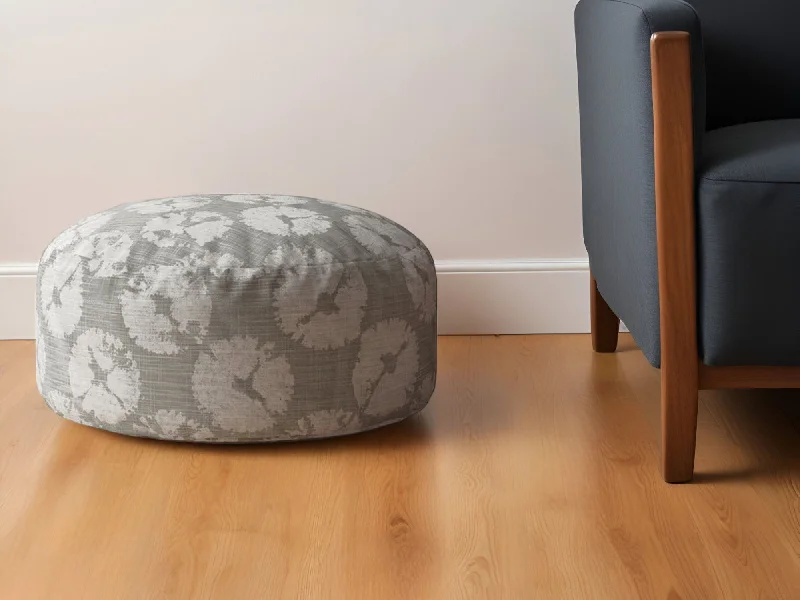 Canvas Round Floral Pouf Ottoman - Gray