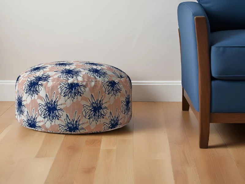 Canvas Round Floral Pouf Ottoman - Pink / Blue