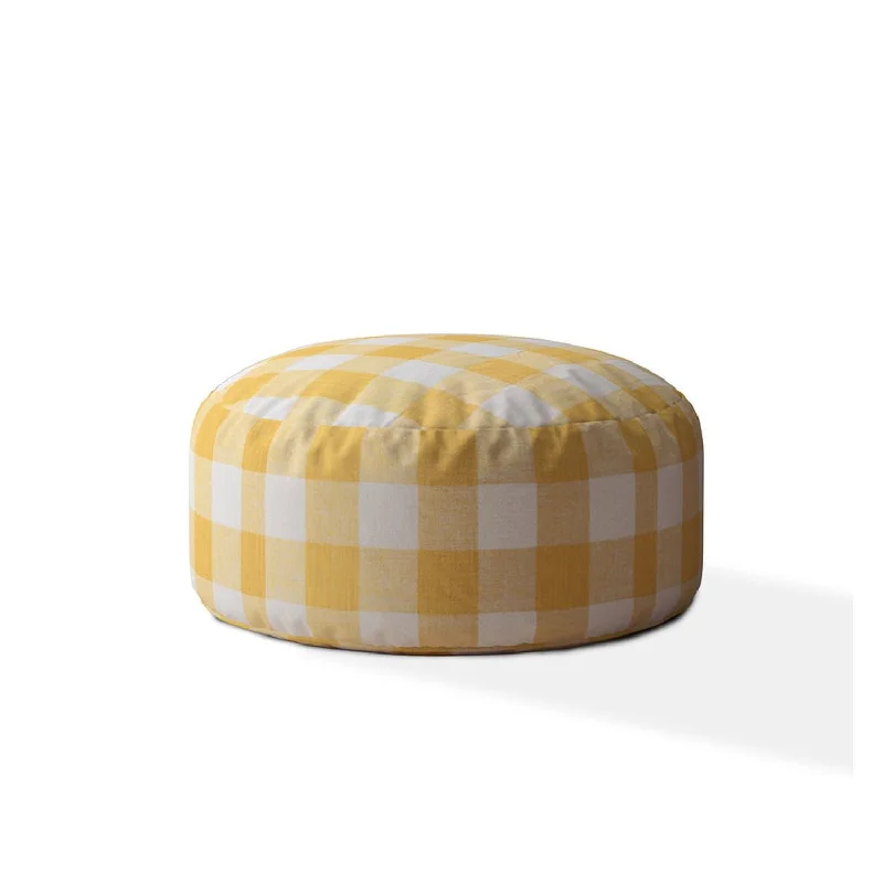 Canvas Round Gingham Pouf Cover - Yellow / White