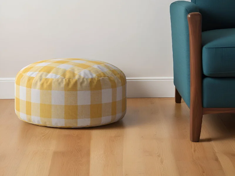 Canvas Round Gingham Pouf Ottoman - Yellow / White